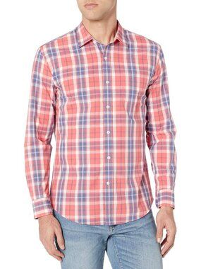 Men's Washed Red Windowpane 100% Cotton Imported Long-Sleeve Casual Poplin Shirt